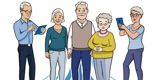 Fünf gezeichnete Figuren als eine Gruppe von älteren Menschen, zusammenstehend. Eine männliche Figur links hält ein Tablet in den Händen, eine weibliche Figur rechts ein Smartphone.