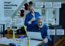 Oberer Teil des Posters: Älteres Paar vor dem Laptop und Textboxen mit Funktionsbeschreibungen der einzelnen Geräte