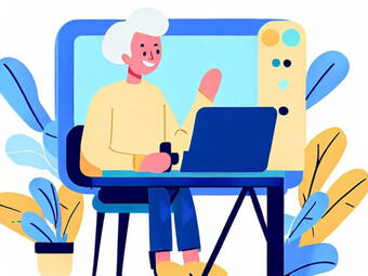 Eine gezeichnete Dame mit weissem Haar sitzt am Laptop