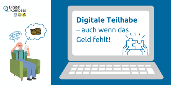 Ein Mann rauft sich die Haare und hat Geldsorgen. Auf einem Laptop-Bildschirm wird die Veranstaltung " Digitale Teilhabe - auch wenn das Geld fehlt!" beworben.