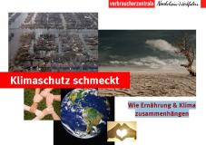 Startseite der Präsentaion "Klimaschutz Schmeckt": Fotokollage: Überflutete Ortschaft, Steppe, die Erde im Kosmos.