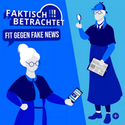 Ein Titelbild aus dem Projekt "Fit gegen Fake News" Älteres Paar mit Tablet und Smartphone in der Hand, in Sherlock-Holmes-Manier gezeichnet.